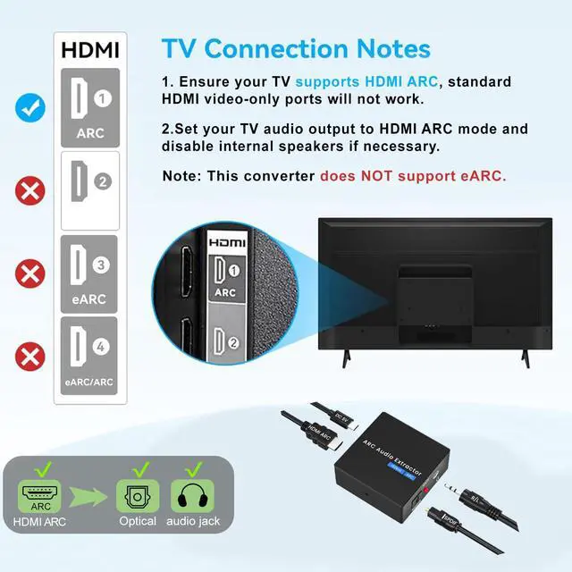 Alt view image 2 of 6 - HDMI ARC to Optical Converter 192KHz ARC to RCA 3.5mm Jack Audio Converter | HDMI ARC Audio Extractor for HDTV ARC to Optical RCA Audio Adapter Support CEC for TV to Sound System Speaker Amplifier