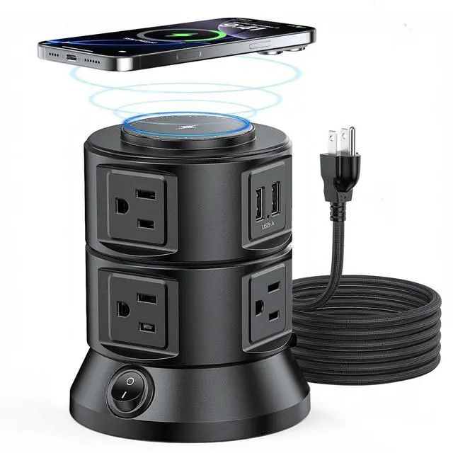 Main image of Power Strip Tower 1875W 15A with 15W Magnetic Wireless Charger, Dual-Layer Rotatable Design, 540 Joules Surge Protector Tower with 6 AC Outlets and 4 USB Ports(2USBA+2USBC), 5FT Braided Extension Cord