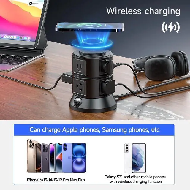 Alt view image 2 of 6 - Power Strip Tower 1875W 15A with 15W Magnetic Wireless Charger, Dual-Layer Rotatable Design, 540 Joules Surge Protector Tower with 6 AC Outlets and 4 USB Ports(2USBA+2USBC), 5FT Braided Extension Cord