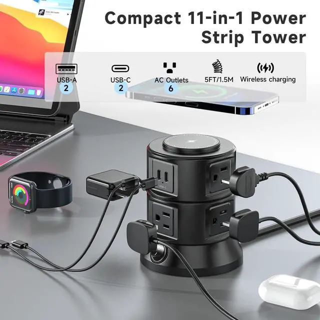 Alt view image 3 of 6 - Power Strip Tower 1875W 15A with 15W Magnetic Wireless Charger, Dual-Layer Rotatable Design, 540 Joules Surge Protector Tower with 6 AC Outlets and 4 USB Ports(2USBA+2USBC), 5FT Braided Extension Cord