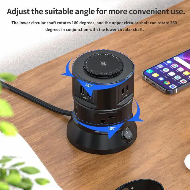 Alt view image 4 of 6 - Power Strip Tower 1875W 15A with 15W Magnetic Wireless Charger, Dual-Layer Rotatable Design, 540 Joules Surge Protector Tower with 6 AC Outlets and 4 USB Ports(2USBA+2USBC), 5FT Braided Extension Cord