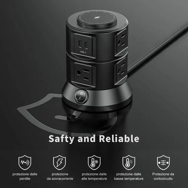 Alt view image 5 of 6 - Power Strip Tower 1875W 15A with 15W Magnetic Wireless Charger, Dual-Layer Rotatable Design, 540 Joules Surge Protector Tower with 6 AC Outlets and 4 USB Ports(2USBA+2USBC), 5FT Braided Extension Cord