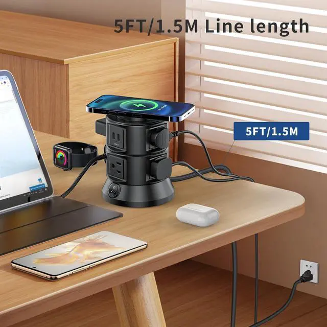 Alt view image 6 of 6 - Power Strip Tower 1875W 15A with 15W Magnetic Wireless Charger, Dual-Layer Rotatable Design, 540 Joules Surge Protector Tower with 6 AC Outlets and 4 USB Ports(2USBA+2USBC), 5FT Braided Extension Cord