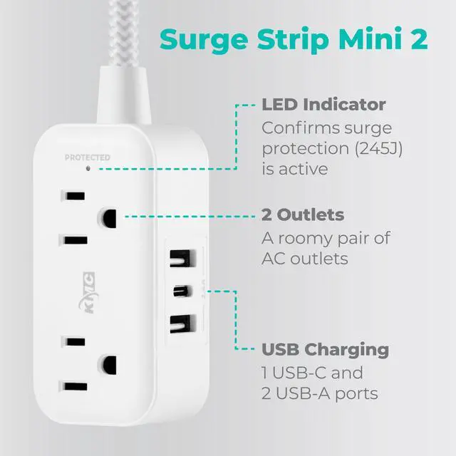 Alt view image 2 of 6 - 2-Outlet Mini Surge Protector Power Strip, 1 USB-C & 2 USB-A Ports, 245J Surge Protection, 5ft Braided Cord, 3-Prong Low-Profile Flat Plug, UL/ETL Certified, White