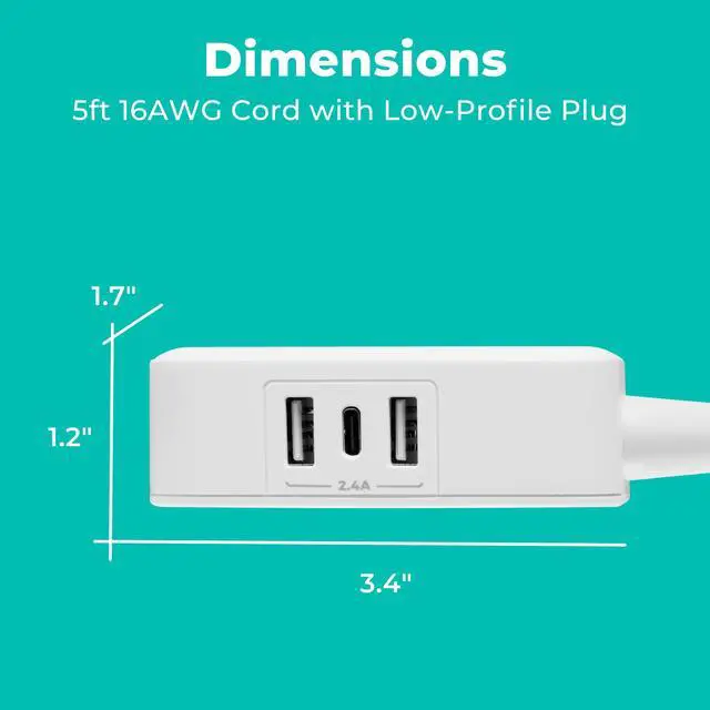 Alt view image 3 of 6 - 2-Outlet Mini Surge Protector Power Strip, 1 USB-C & 2 USB-A Ports, 245J Surge Protection, 5ft Braided Cord, 3-Prong Low-Profile Flat Plug, UL/ETL Certified, White