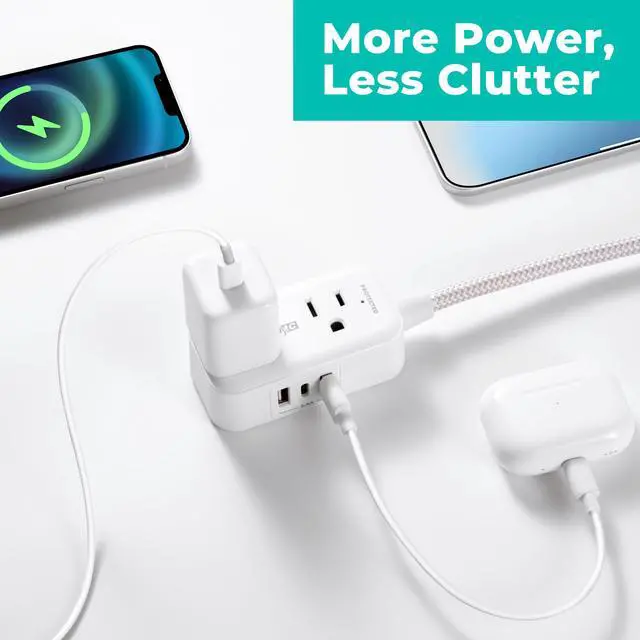 Alt view image 4 of 6 - 2-Outlet Mini Surge Protector Power Strip, 1 USB-C & 2 USB-A Ports, 245J Surge Protection, 5ft Braided Cord, 3-Prong Low-Profile Flat Plug, UL/ETL Certified, White