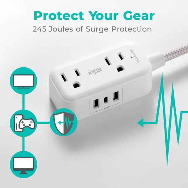 Alt view image 5 of 6 - 2-Outlet Mini Surge Protector Power Strip, 1 USB-C & 2 USB-A Ports, 245J Surge Protection, 5ft Braided Cord, 3-Prong Low-Profile Flat Plug, UL/ETL Certified, White