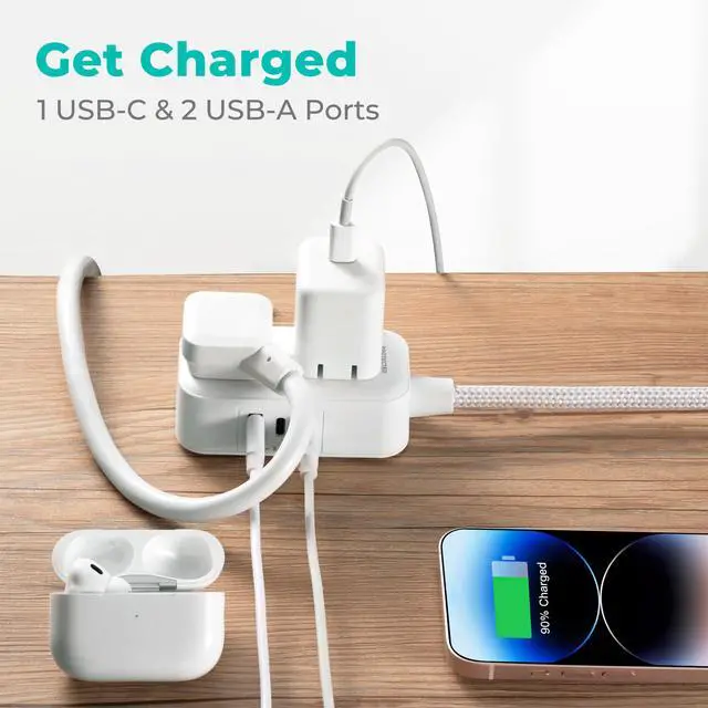 Alt view image 6 of 6 - 2-Outlet Mini Surge Protector Power Strip, 1 USB-C & 2 USB-A Ports, 245J Surge Protection, 5ft Braided Cord, 3-Prong Low-Profile Flat Plug, UL/ETL Certified, White