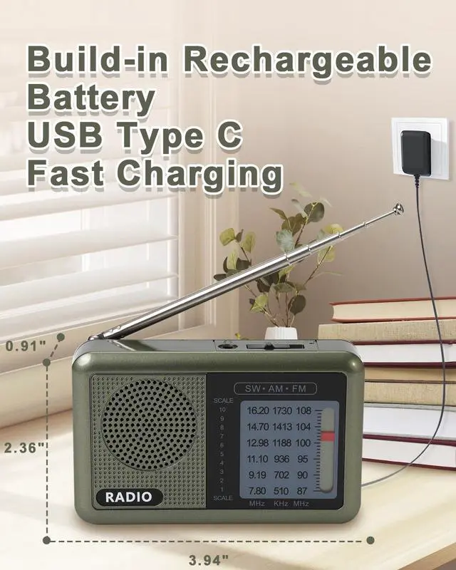 Alt view image 2 of 6 - 3 Band Mini Pocket Radio with Rechargeable Battery, Portable FM AM Shortwave Radios, Type C Charging Transistor SW Radio with 3.5mm Earphone Jack for Elderly Kids