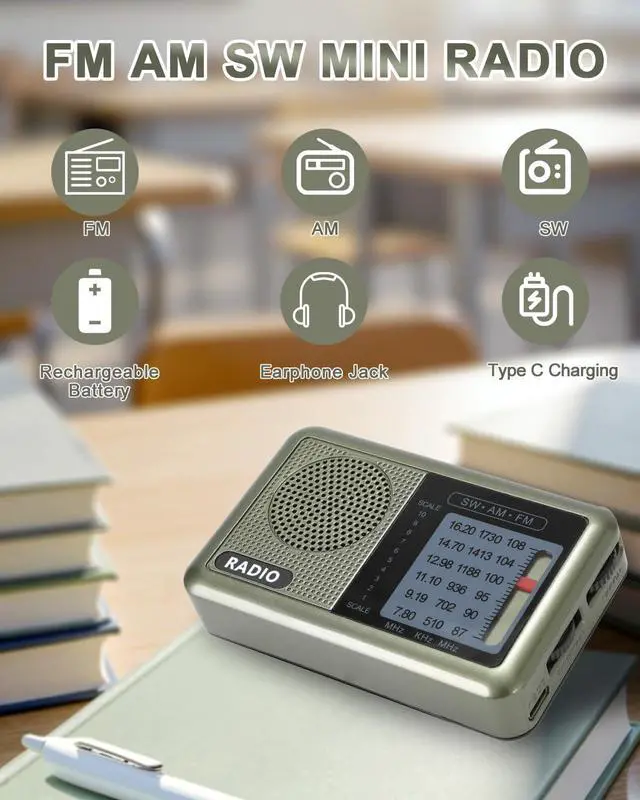 Alt view image 4 of 6 - 3 Band Mini Pocket Radio with Rechargeable Battery, Portable FM AM Shortwave Radios, Type C Charging Transistor SW Radio with 3.5mm Earphone Jack for Elderly Kids