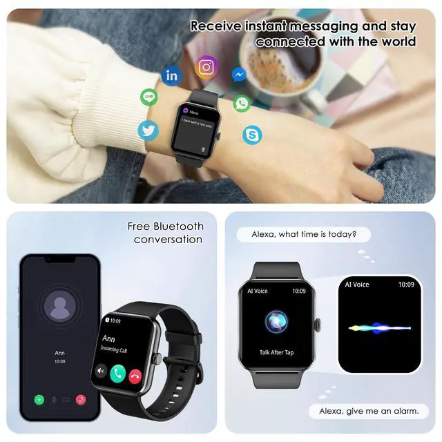 Alt view image 2 of 6 - Smart Watch(Answer/Make Call), 1.85" Smartwatch for Men Women, 100+ Sport Modes, Pedometer, IP68 Waterproof Fitness Tracker, Heart Rate/Sleep Monitor, Smart Watches for Android & iOS (2 Straps)