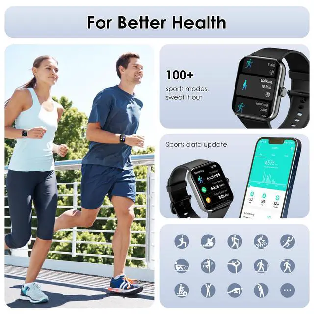 Alt view image 5 of 6 - Smart Watch(Answer/Make Call), 1.85" Smartwatch for Men Women, 100+ Sport Modes, Pedometer, IP68 Waterproof Fitness Tracker, Heart Rate/Sleep Monitor, Smart Watches for Android & iOS (2 Straps)