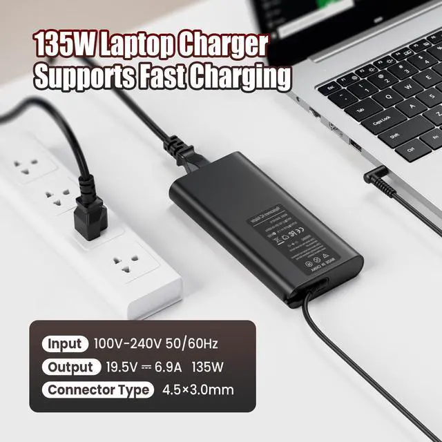 Alt view image 2 of 6 - 135W Laptop Charger for HP Pavilion Gaming 15-dk 15-ec 17-cd, OMEN 15-ax 15-ce (135W Only), Spectre x360 15-ch 15-df, Envy 15-ep - 4.5mm Blue Tip, L15534-001 TPN-DA11 TPN-LA13