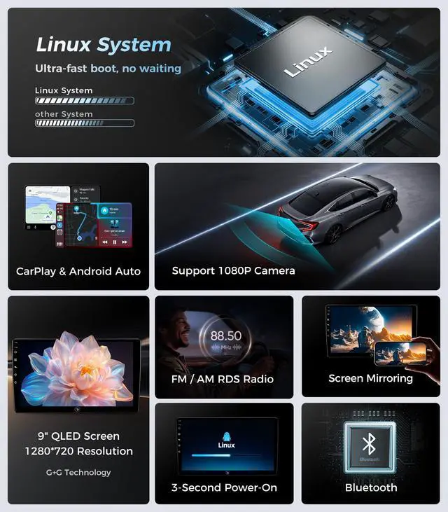 Alt view image 3 of 6 - Linux Car Radio for Honda Civic Stereo 2006-2011 Fast Boot | Wireless CarPlay & Android Auto,QLED, Bluetooth, AM/FM, SWC, Plug and Play