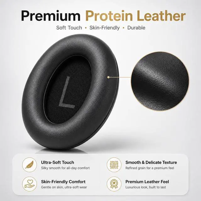 Alt view image 2 of 6 - Replacement Ear Pads for Bose 700 NC700, Memory Foam, Black | Ear Pads Cushions with Softer Protein Leather, Added Thickness for Bose 700 Wireless Noise Cancelling Headphones