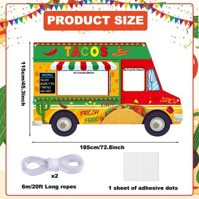 Alt view image 2 of 6 - Mexican Fiesta Theme Party Decoration Tacos Truck Shaped Photo Prop Backdrop Mexican Taco Festival Truck Hanging Banner Taco Cactus Stand Photo Booth Backdrop for Fiesta Theme Birthday Party Decor