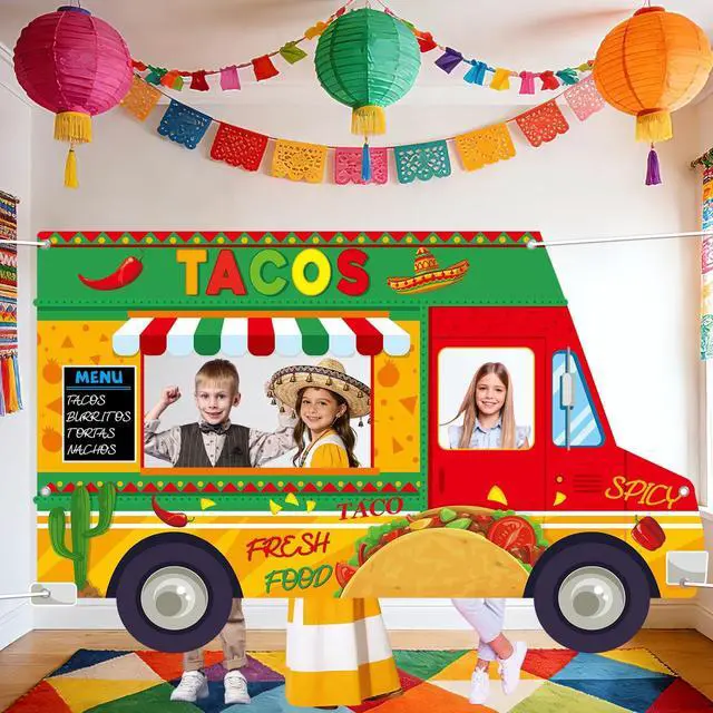 Alt view image 4 of 6 - Mexican Fiesta Theme Party Decoration Tacos Truck Shaped Photo Prop Backdrop Mexican Taco Festival Truck Hanging Banner Taco Cactus Stand Photo Booth Backdrop for Fiesta Theme Birthday Party Decor