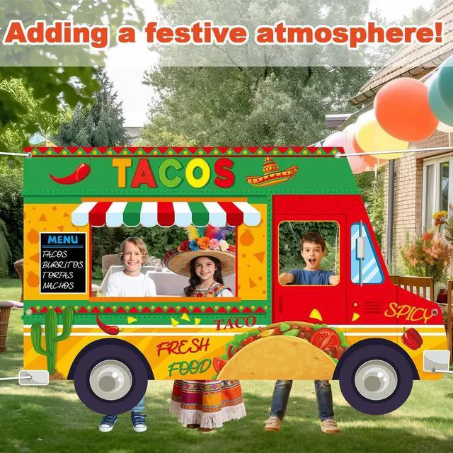Alt view image 5 of 6 - Mexican Fiesta Theme Party Decoration Tacos Truck Shaped Photo Prop Backdrop Mexican Taco Festival Truck Hanging Banner Taco Cactus Stand Photo Booth Backdrop for Fiesta Theme Birthday Party Decor