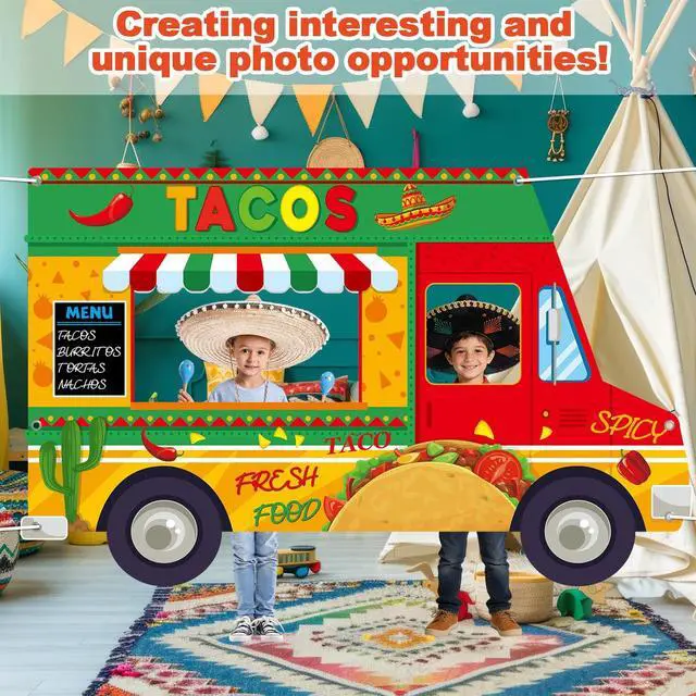 Alt view image 6 of 6 - Mexican Fiesta Theme Party Decoration Tacos Truck Shaped Photo Prop Backdrop Mexican Taco Festival Truck Hanging Banner Taco Cactus Stand Photo Booth Backdrop for Fiesta Theme Birthday Party Decor