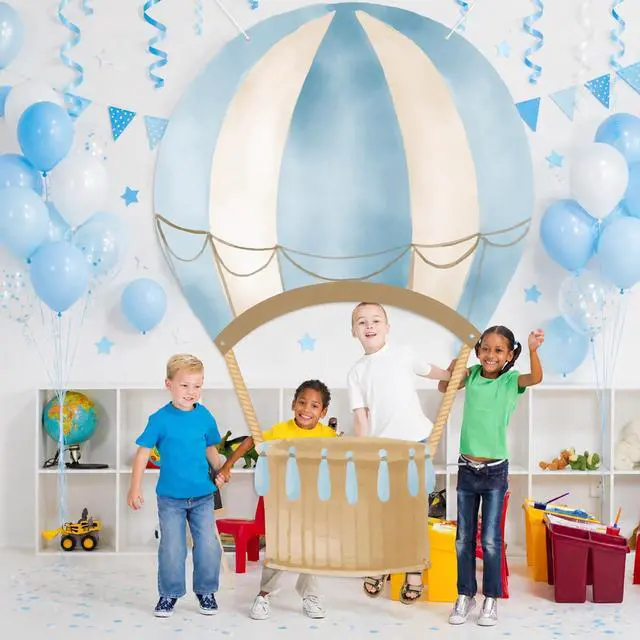 Alt view image 4 of 6 - Blue Hot Air Balloon Shaped Photo Booth Prop Selfie Frame Travel Birthday Party Decoration Large Blue Hot Air Balloon Photography Background Flying Tour Backdrop Banner for Baby Shower Party Supplies