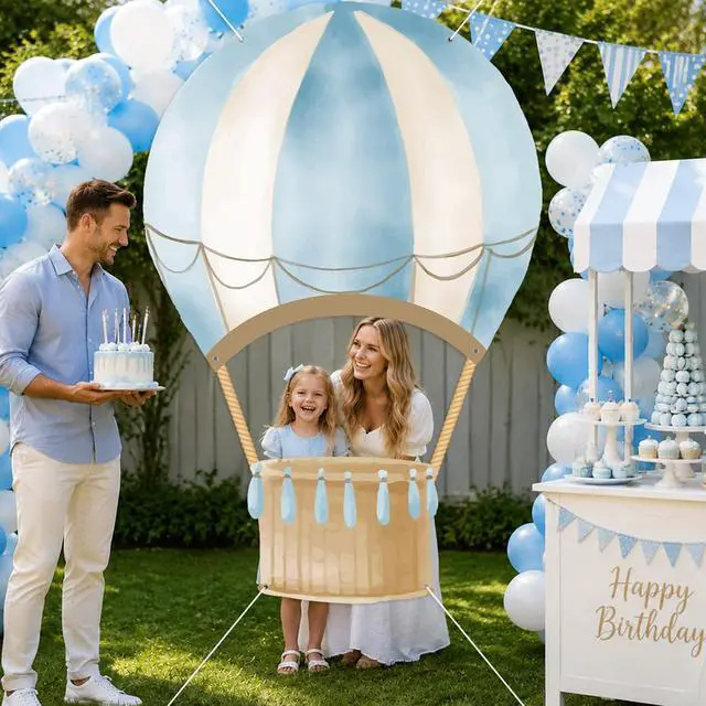 Alt view image 5 of 6 - Blue Hot Air Balloon Shaped Photo Booth Prop Selfie Frame Travel Birthday Party Decoration Large Blue Hot Air Balloon Photography Background Flying Tour Backdrop Banner for Baby Shower Party Supplies