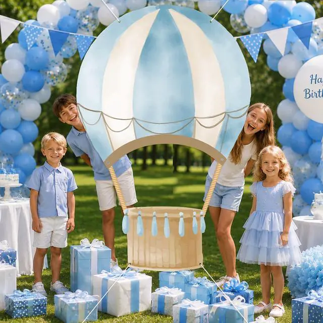 Alt view image 6 of 6 - Blue Hot Air Balloon Shaped Photo Booth Prop Selfie Frame Travel Birthday Party Decoration Large Blue Hot Air Balloon Photography Background Flying Tour Backdrop Banner for Baby Shower Party Supplies