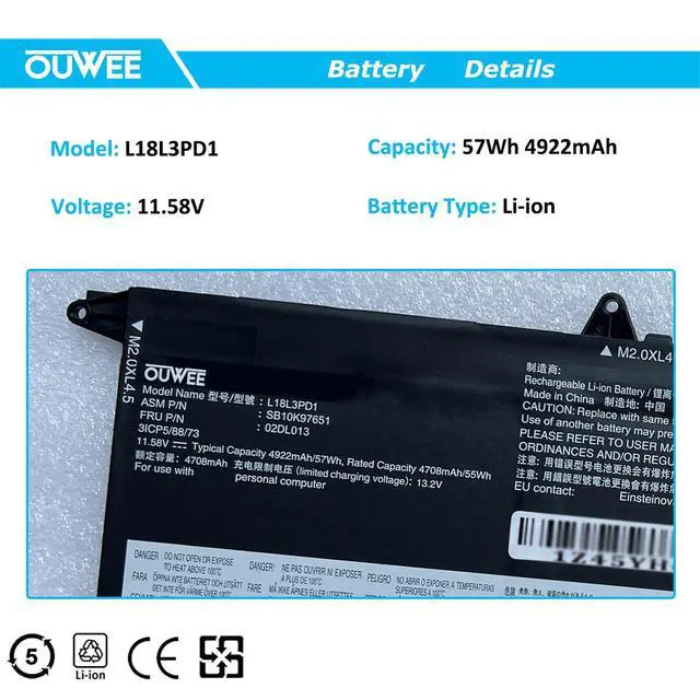 Alt view image 2 of 5 - L18L3PD1 Laptop Battery Compatible with Lenovo ThinkPad T14S T490S T495S Series L18M3PD1 L18C3PD1 L18M3PD2 L18C3PD2 02DL013 02DL014 02DL015 5B10W13909 5B10W13910 5B10W13911 11.58V 57Wh 4922mAh