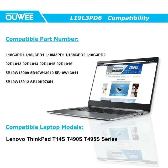 Alt view image 4 of 5 - L18L3PD1 Laptop Battery Compatible with Lenovo ThinkPad T14S T490S T495S Series L18M3PD1 L18C3PD1 L18M3PD2 L18C3PD2 02DL013 02DL014 02DL015 5B10W13909 5B10W13910 5B10W13911 11.58V 57Wh 4922mAh