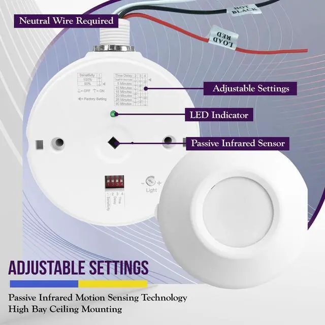 Alt view image 4 of 6 - High Bay Ceiling Motion Sensor, Passive Infrared PIR Ceiling Sensor, 360° Field of View, 2800 Sq Ft Coverage, 120-277VAC, Neutral Wire Required, Commercial/Industrial Grade, MPC-50H, White | MPC-50H P