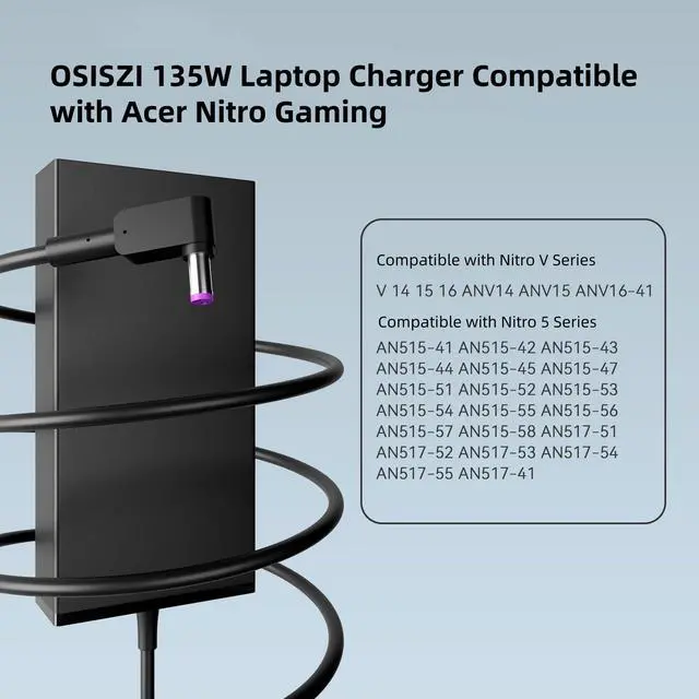 Alt view image 5 of 6 - 2026 135W 5.5 * 1.7mm Laptop Charger Compatible with Acer Nitro 5 | Fit for Acer Nitro 5 Gaming Laptop AN515-58 AN515-44 AN515-54 AN515-55 Nitro V 15 V 16S V 17 AI ANV15 15.6" RTX3050 RTX3060