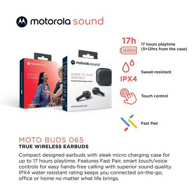 Alt view image 3 of 6 - Motorola Moto Buds 065 - True Wireless, Ear Buds, Noise Isolation and 17 Hours Playtime, Touch Control on Both Earbuds, IPX4 Water Resistant, ENC mic for Clear Voice Calls. (Moonless Night)