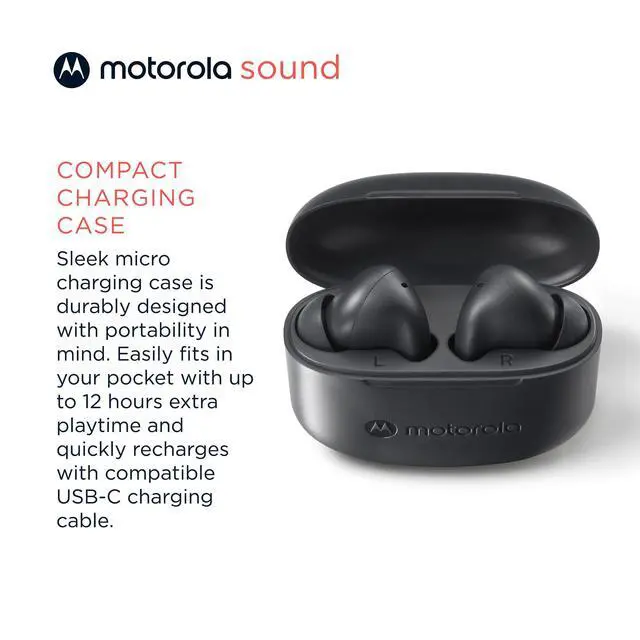 Alt view image 4 of 6 - Motorola Moto Buds 065 - True Wireless, Ear Buds, Noise Isolation and 17 Hours Playtime, Touch Control on Both Earbuds, IPX4 Water Resistant, ENC mic for Clear Voice Calls. (Moonless Night)