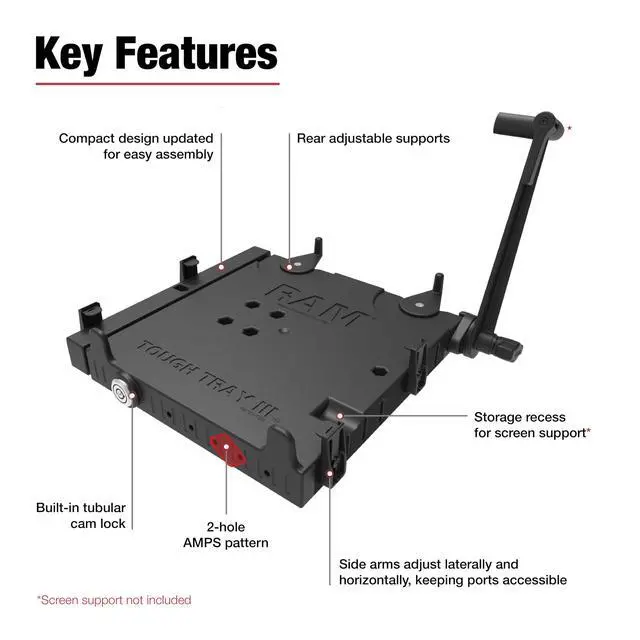 Alt view image 5 of 6 - Tough-Tray III Universal Laptop Tray for 10"-17" Laptops | Spring-loaded tray with adjustable supports and integrated AMPS mounting points