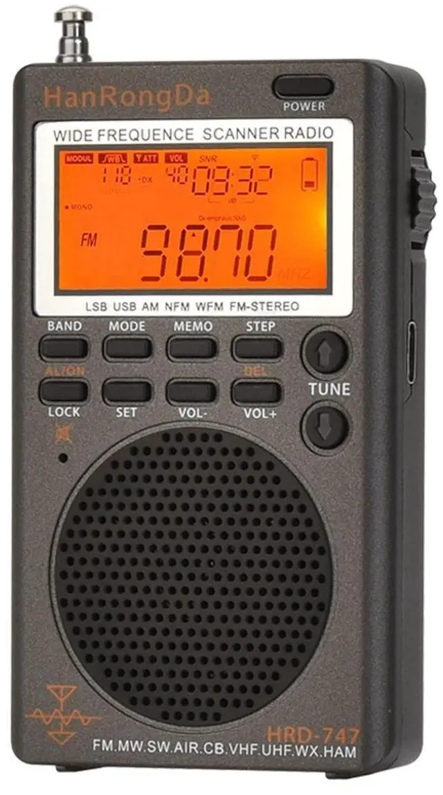 Main image of HRD-747 SSB Shortwave Radio FM MW SW CB AIR VHF UHF UBD WX Wide Frequence Receiver with NOAA Alert and Sleep Timer, FM Stereo Rechargeable Digital Radios with Clock and 9.7ft Wire Antenna