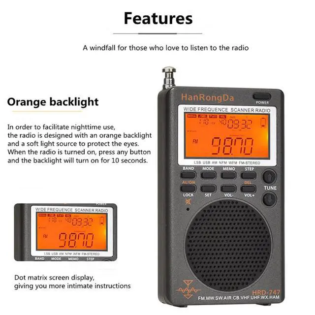 Alt view image 2 of 6 - HRD-747 SSB Shortwave Radio FM MW SW CB AIR VHF UHF UBD WX Wide Frequence Receiver with NOAA Alert and Sleep Timer, FM Stereo Rechargeable Digital Radios with Clock and 9.7ft Wire Antenna