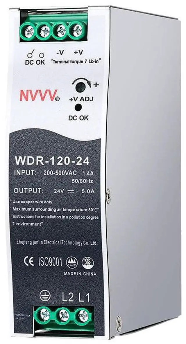 Main image of WDR-120-24 24V, Input:200~500VAC,Output:24VDC 5A, 120W Industrial DIN Rail Power Supply AC to DC Converter