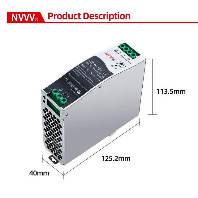 Alt view image 2 of 6 - WDR-120-24 24V, Input:200~500VAC,Output:24VDC 5A, 120W Industrial DIN Rail Power Supply AC to DC Converter