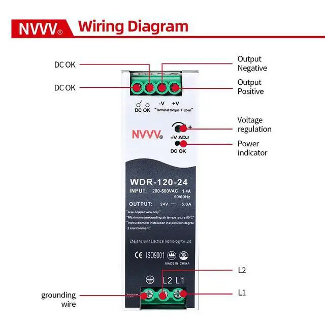Alt view image 3 of 6 - WDR-120-24 24V, Input:200~500VAC,Output:24VDC 5A, 120W Industrial DIN Rail Power Supply AC to DC Converter
