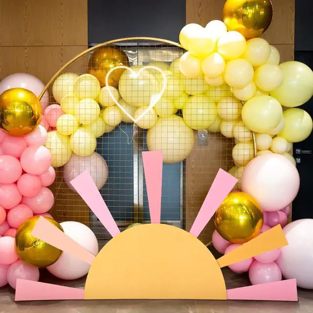 Main image of 25.6'' x 47.2'' Here Comes the Son Baby Shower Decoration Boho Here Comes the Sun Backdrop First Trip Around the Sun Hollow Core Board with Instruction Stand Photo Background(Pastel Colors)