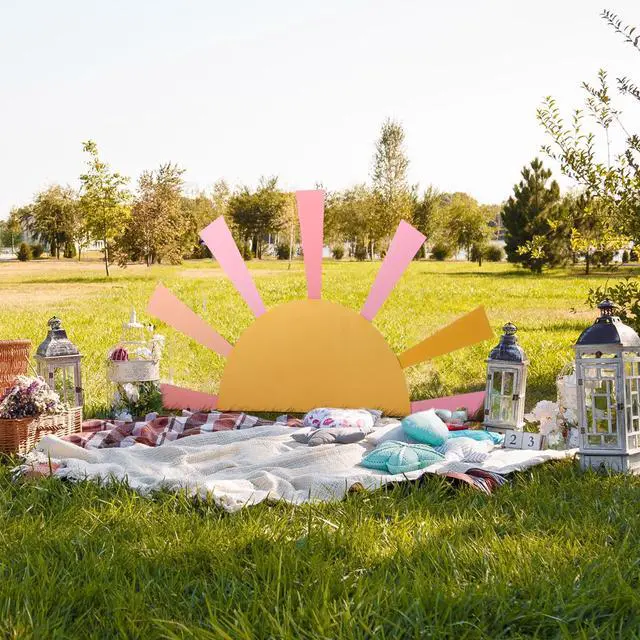 Alt view image 4 of 6 - 25.6'' x 47.2'' Here Comes the Son Baby Shower Decoration Boho Here Comes the Sun Backdrop First Trip Around the Sun Hollow Core Board with Instruction Stand Photo Background(Pastel Colors)