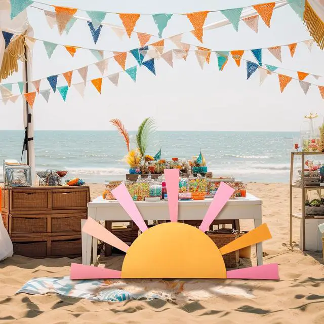 Alt view image 5 of 6 - 25.6'' x 47.2'' Here Comes the Son Baby Shower Decoration Boho Here Comes the Sun Backdrop First Trip Around the Sun Hollow Core Board with Instruction Stand Photo Background(Pastel Colors)