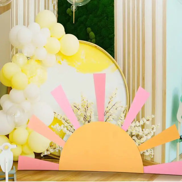 Alt view image 6 of 6 - 25.6'' x 47.2'' Here Comes the Son Baby Shower Decoration Boho Here Comes the Sun Backdrop First Trip Around the Sun Hollow Core Board with Instruction Stand Photo Background(Pastel Colors)
