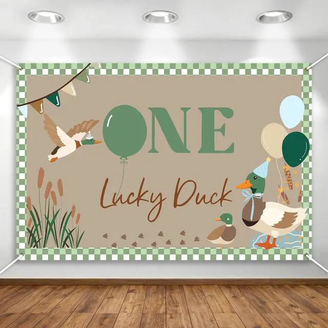 Main image of One Lucky Duck Birthday Backdrop - 5x3ft Duck Themed 1st Birthday Party Decorations, Mallard Duck Background Banner for Baby Boy First Birthday Party Supplies