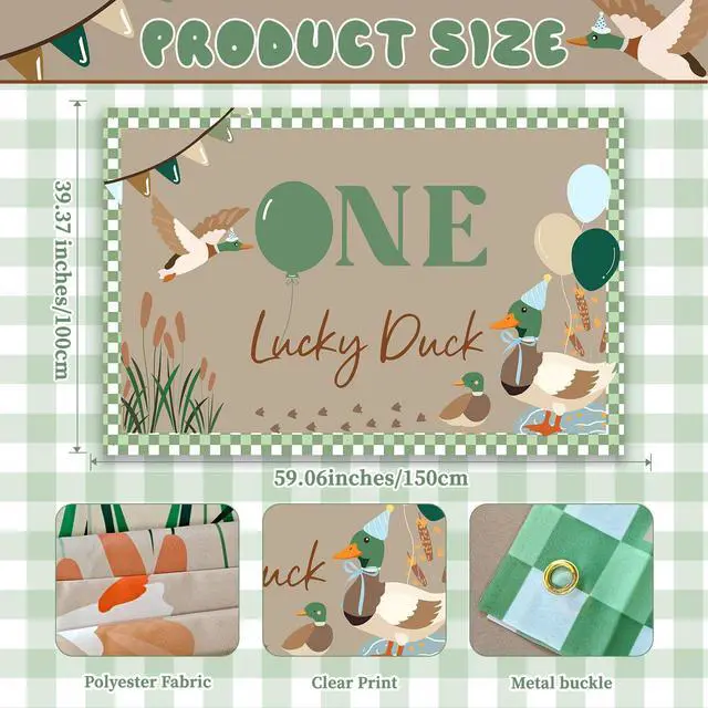 Alt view image 2 of 6 - One Lucky Duck Birthday Backdrop - 5x3ft Duck Themed 1st Birthday Party Decorations, Mallard Duck Background Banner for Baby Boy First Birthday Party Supplies