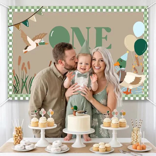 Alt view image 3 of 6 - One Lucky Duck Birthday Backdrop - 5x3ft Duck Themed 1st Birthday Party Decorations, Mallard Duck Background Banner for Baby Boy First Birthday Party Supplies