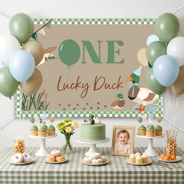 Alt view image 4 of 6 - One Lucky Duck Birthday Backdrop - 5x3ft Duck Themed 1st Birthday Party Decorations, Mallard Duck Background Banner for Baby Boy First Birthday Party Supplies