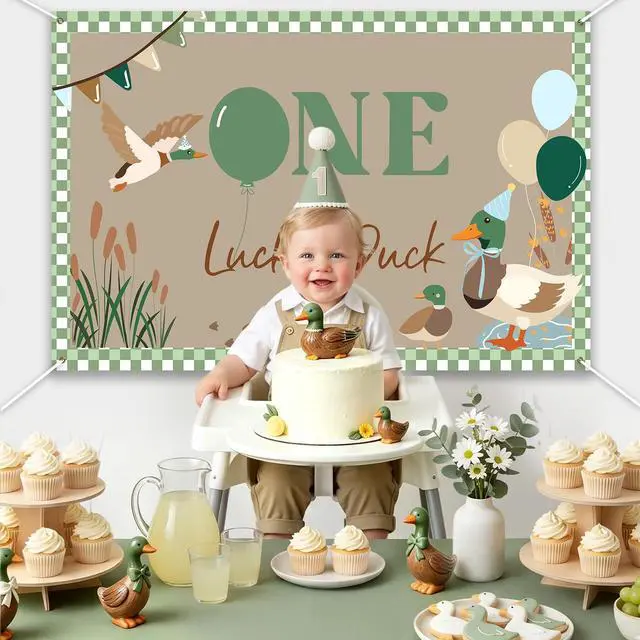 Alt view image 5 of 6 - One Lucky Duck Birthday Backdrop - 5x3ft Duck Themed 1st Birthday Party Decorations, Mallard Duck Background Banner for Baby Boy First Birthday Party Supplies