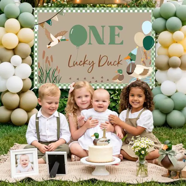 Alt view image 6 of 6 - One Lucky Duck Birthday Backdrop - 5x3ft Duck Themed 1st Birthday Party Decorations, Mallard Duck Background Banner for Baby Boy First Birthday Party Supplies