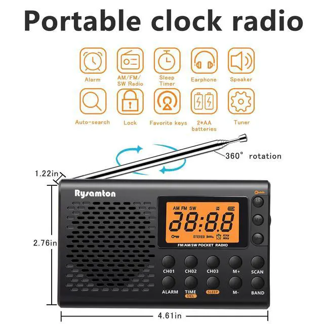 Alt view image 2 of 6 - Portable AM/FM/Shortwave Radio, Batteries Operated Pocket Radios, Large Digital Display, Clock Radio with Alarm and Sleep Function, Earphone Included