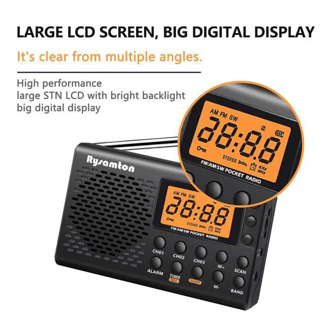 Alt view image 4 of 6 - Portable AM/FM/Shortwave Radio, Batteries Operated Pocket Radios, Large Digital Display, Clock Radio with Alarm and Sleep Function, Earphone Included